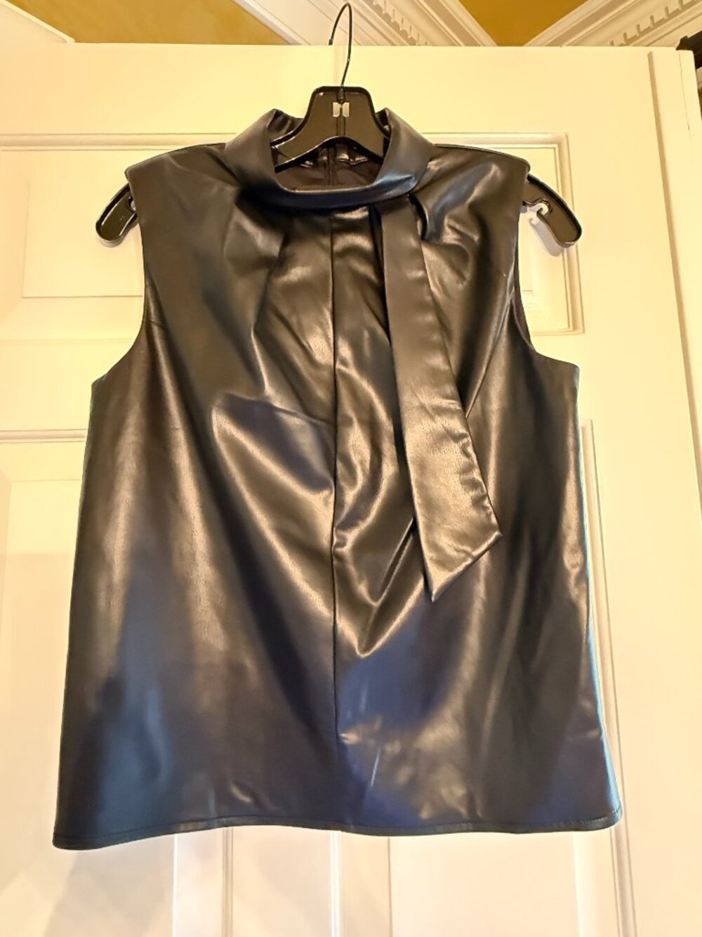 NWT Milly Black Sleeveless London Vegan Leather Tie Neck Top sz S